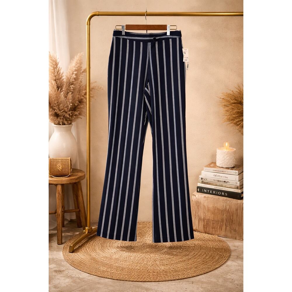 NWT Worthington Blue White Striped Pants Sz 10 High Rise Straight Leg Career